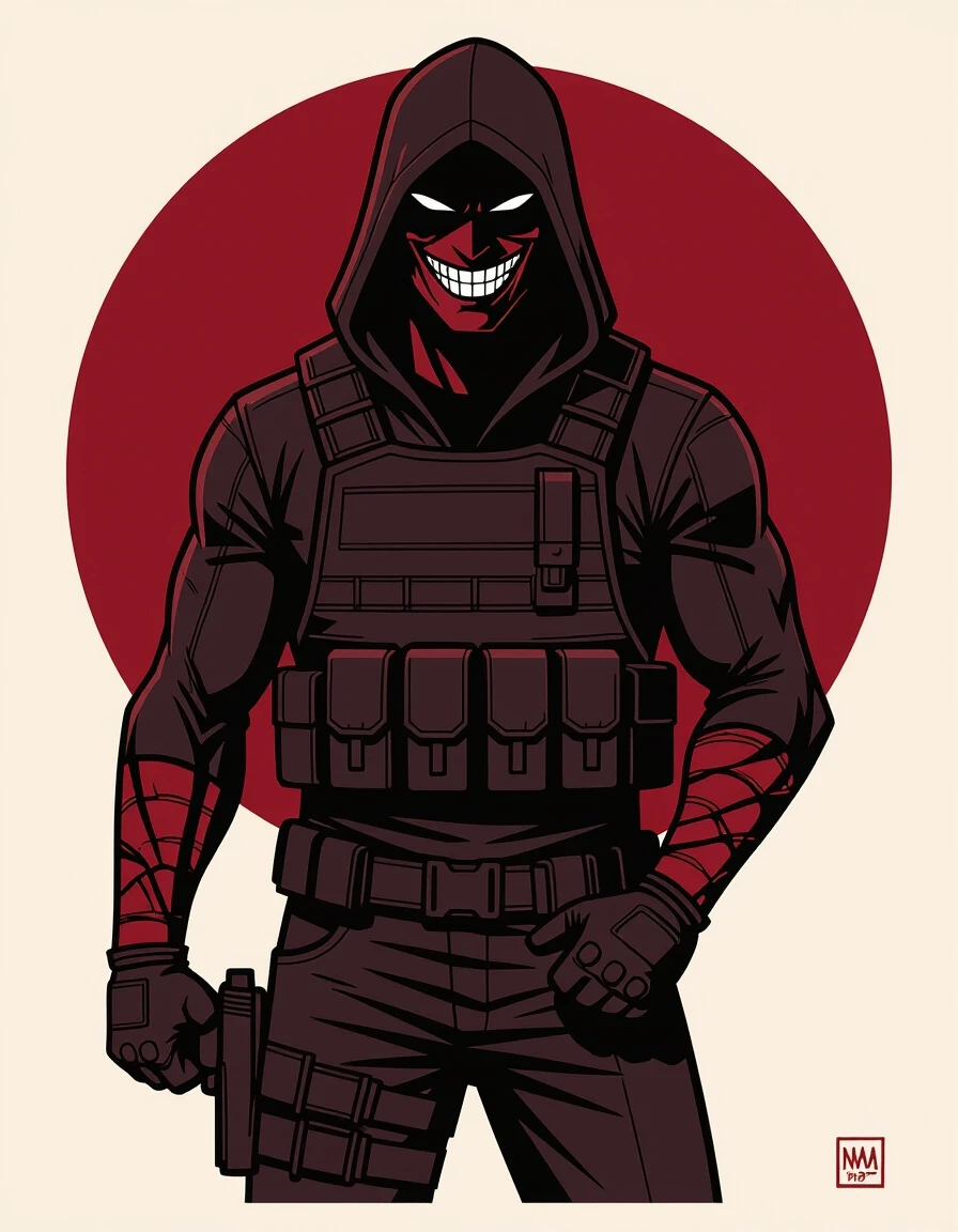 Comic book style, graphic illustration, limited color palette of 3 colors: blood-burgundy, pure black, dark grey. A single ominous silhouette of a tall, broad-shouldered man…