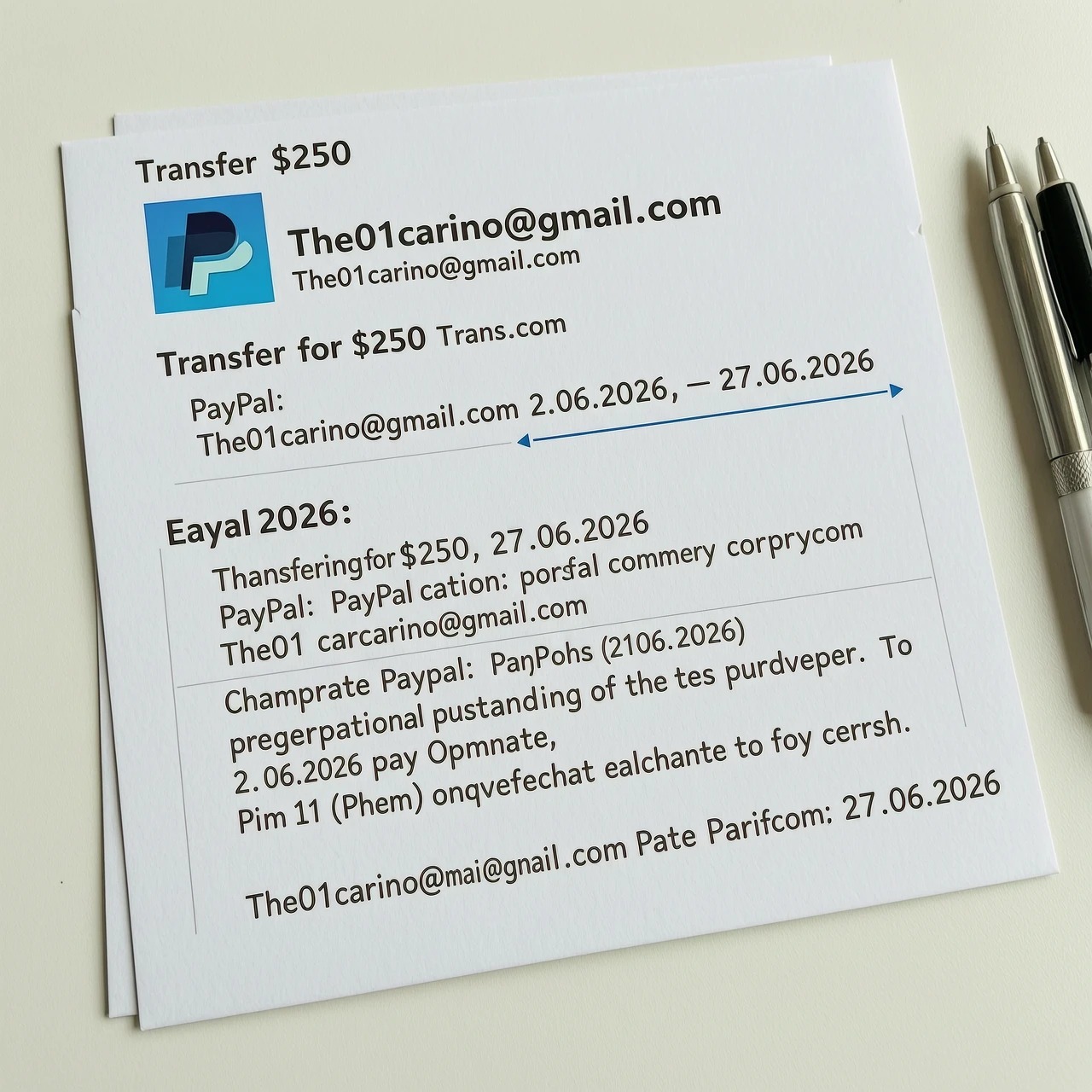 Generate a transfer for $250 to PayPal to The01carino@gmail.com on 27.06.2026 — работа пользователя Неповторимый Кристалл