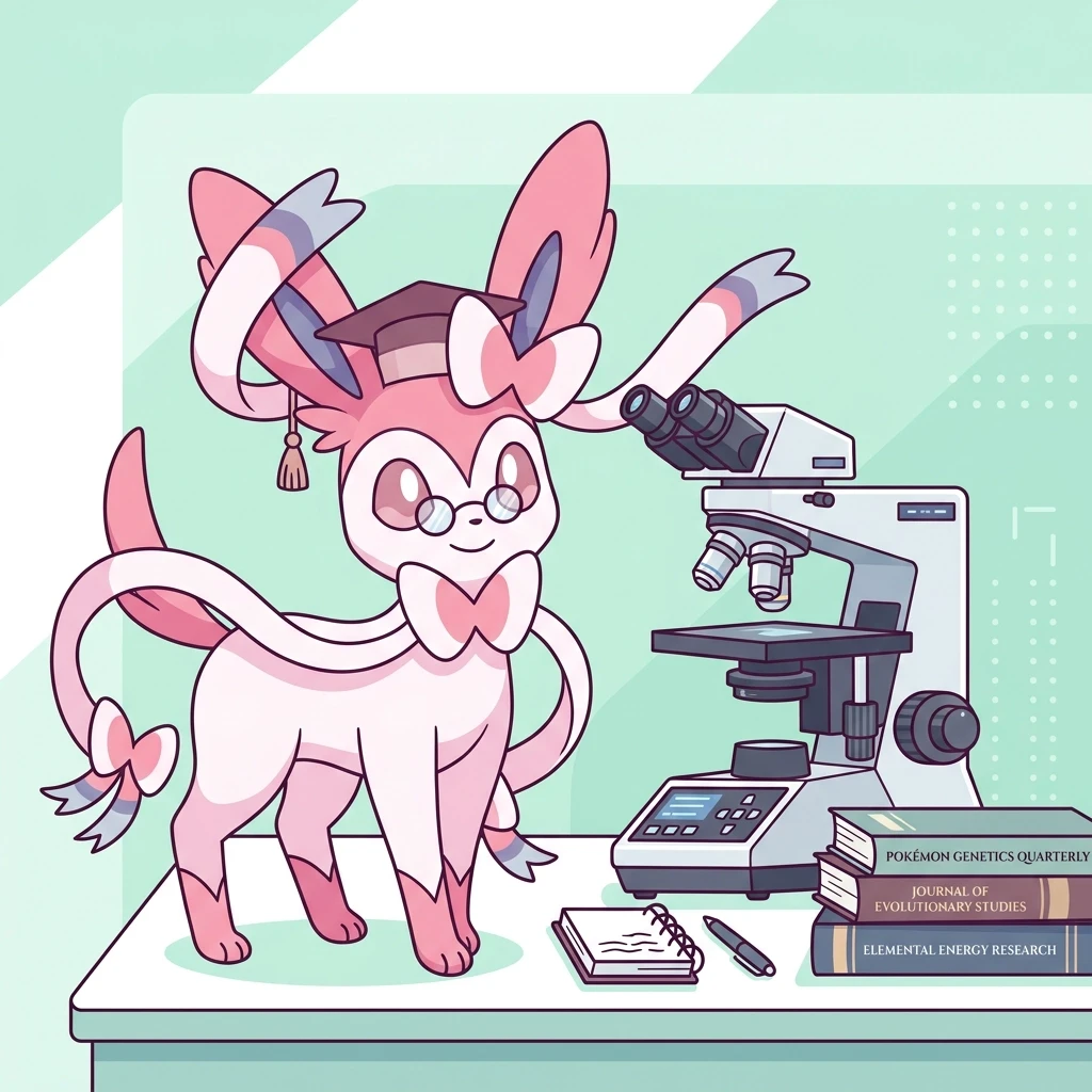 Flat vector illustration, elegant academic Sylveon character with ribbons, standing next to a high-tech microscope and scientific journals, soft pastel mint green and white…