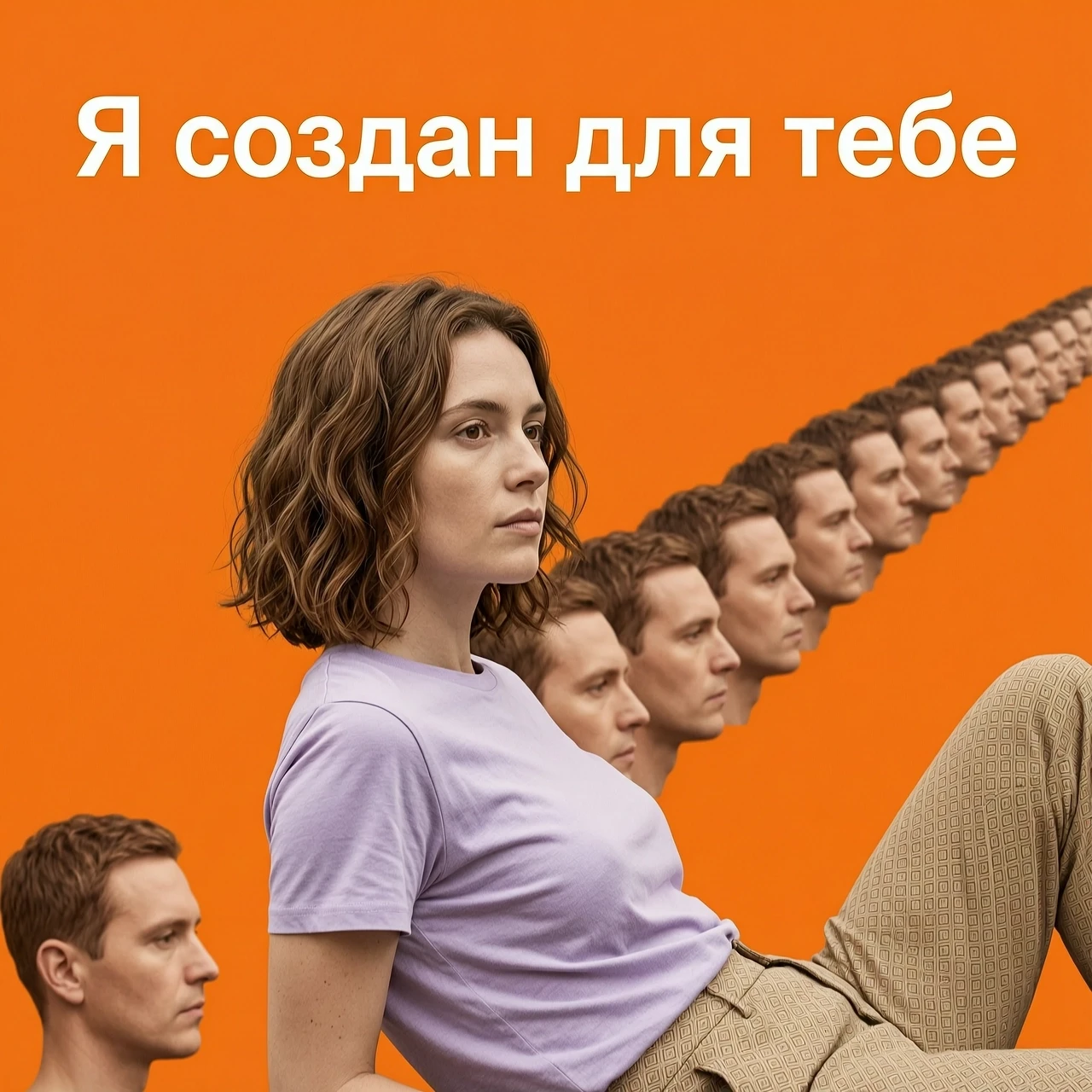 Вертикальный постер фильма в стиле официального промо, соотношение сторон 2:3. На переднем плане — молодая женщина с короткими волнистыми каштановыми волосами (вид снизу вверх,…