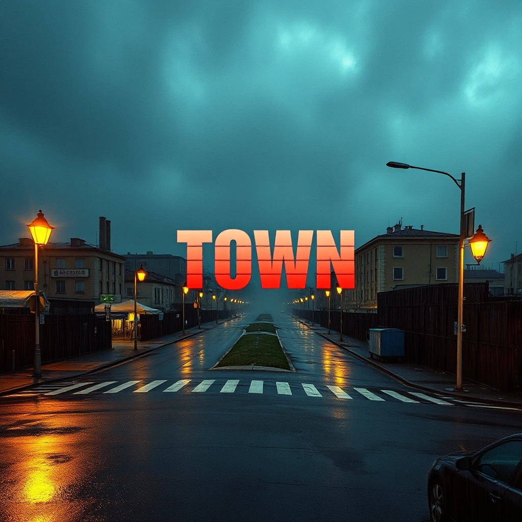 Album cover for a phonk track titled "Town", 1024x1024 pixels. Cinematic view of a menacing Eastern European or American industrial city skyline at 3 AM under heavy…