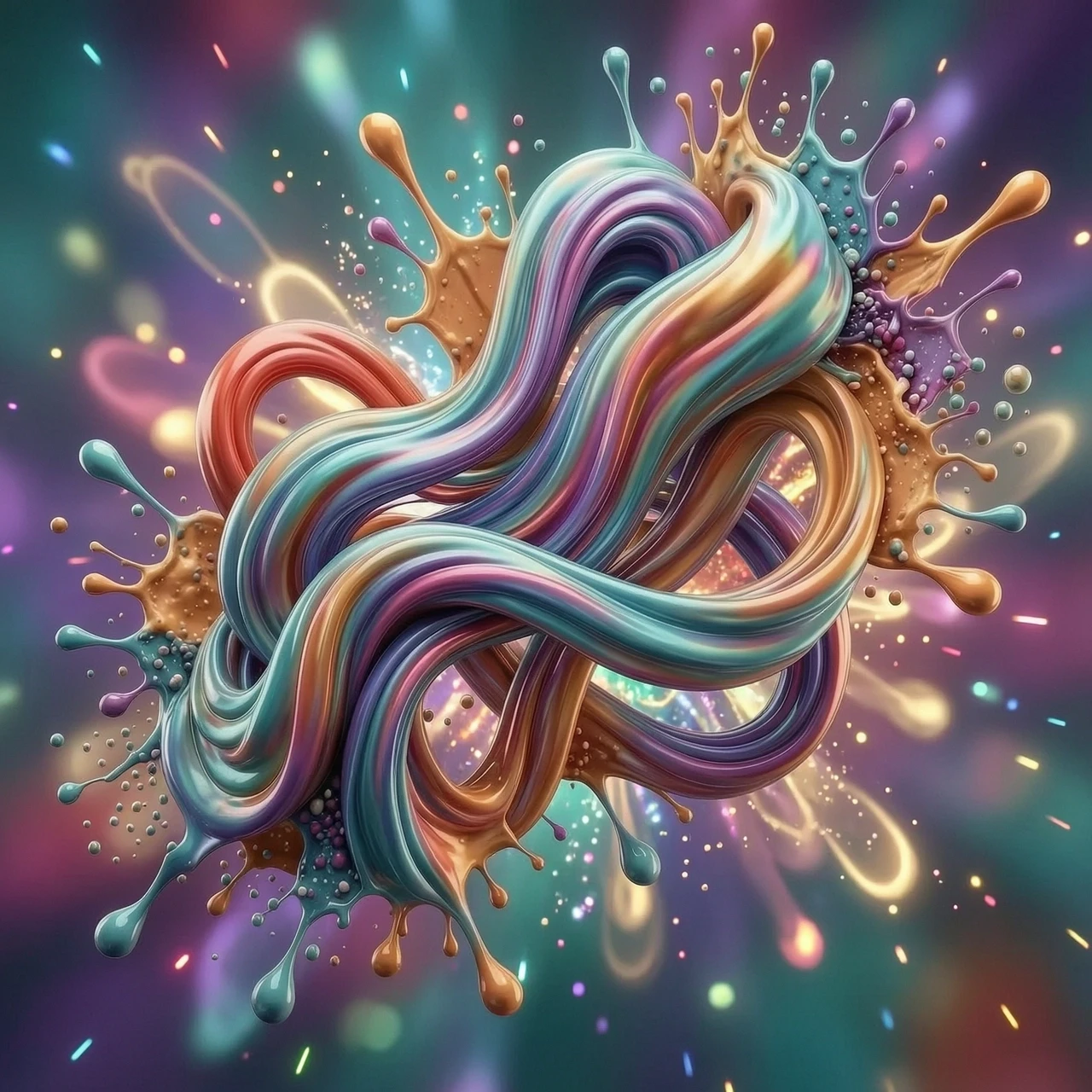 Abstract 3D background for a rhythm game application, dynamic fluid motion, intricate intertwining of vibrant neon silk ribbons and liquid chromatic waves, flowing iridescent…