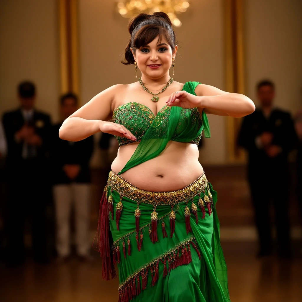 front view chubby belly dancer fifty years woman in green costume brown short ponytail hair stand in hall — работа пользователя Прекрасная Мантикора
