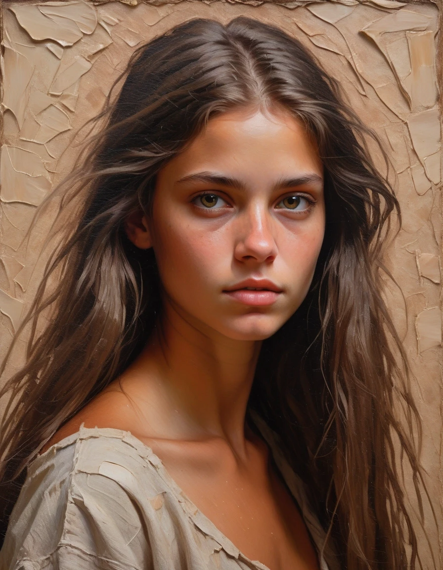 A masterful oil portrait on a thick linen canvas with a rough texture, executed with thick impasto strokes and visible strokes made with a palette knife, conveys the nostalgic,…
