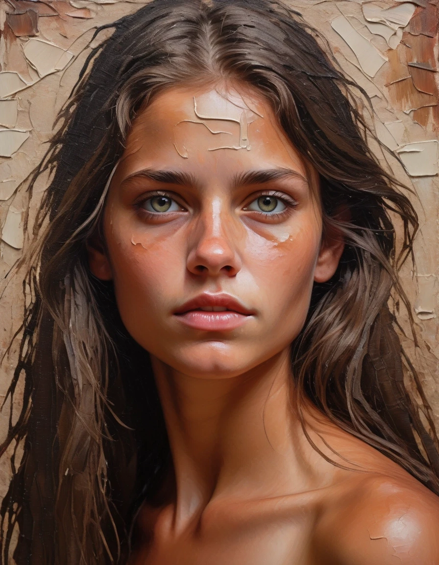 A masterful oil portrait on a thick linen canvas with a rough texture, executed with thick impasto strokes and visible strokes made with a palette knife, conveys the nostalgic,…