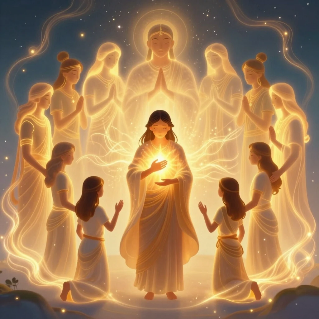 Digital art. A descendant standing in the center, surrounded by many glowing ancestral figures forming a protective circle. They gently embrace him, sending warm golden light…