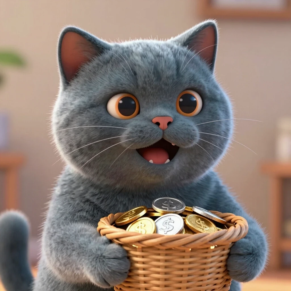 cheerful pixar britis cat blue-grey color держит лапkax корзинку , в корзинке монеты золотые и серебренные — работа пользователя Искрящаяся Река