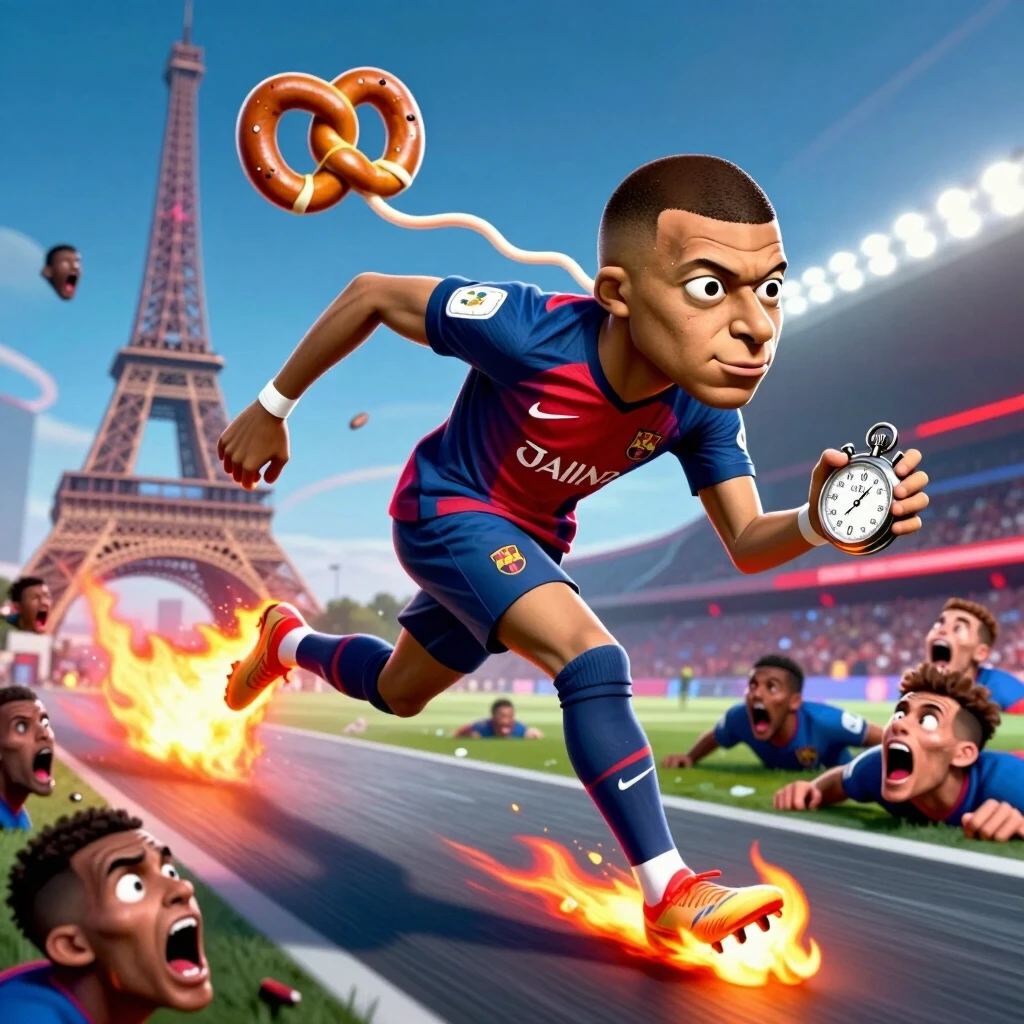 Hyper-exaggerated, grotesque caricature of Kylian Mbappé, instantly recognizable by his distinctive sprinting posture, slicked-back hair, and wide-eyed focused expression. His…