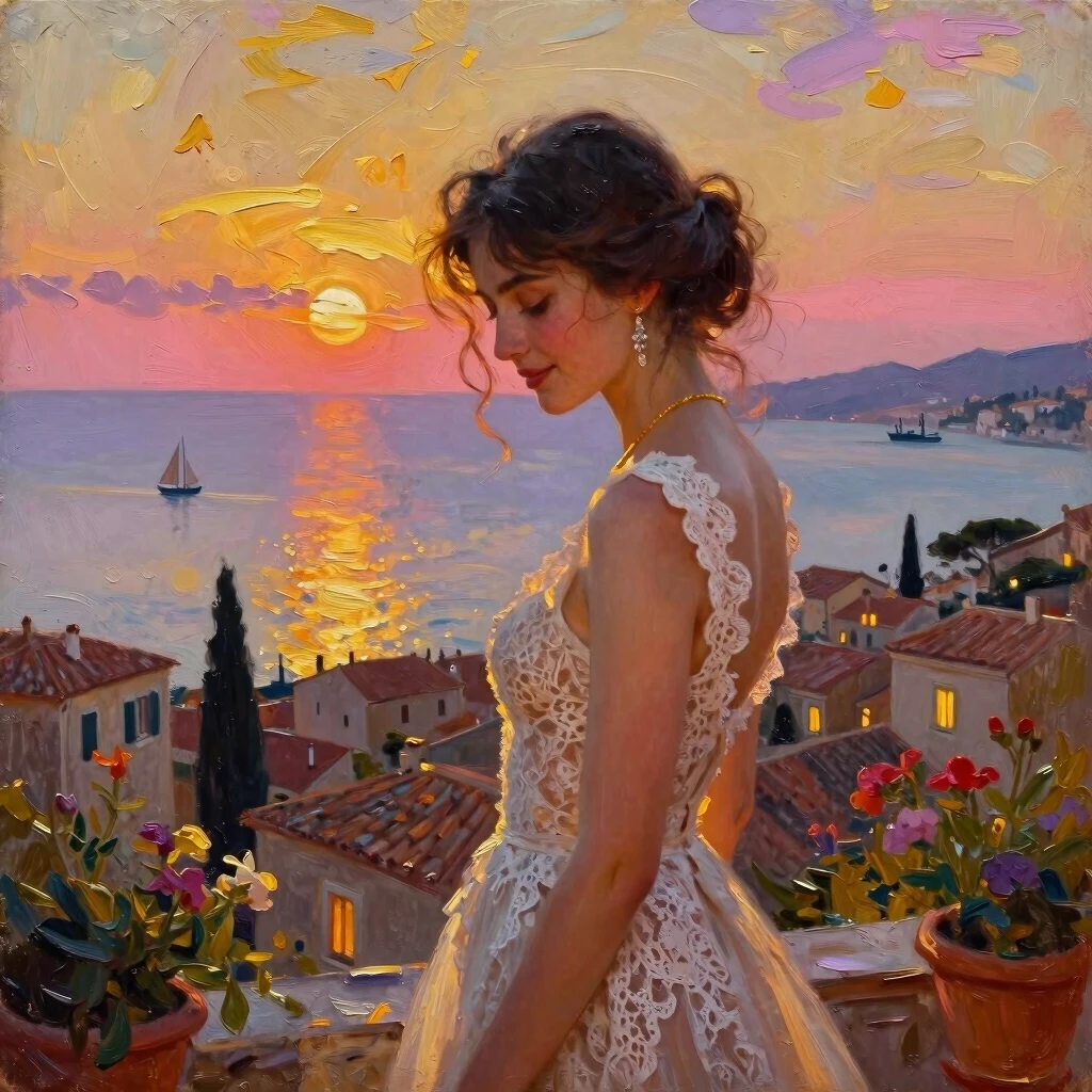A romantic, impressionist oil-painting style scene of a young woman in a delicate lace gown turned three-quarters away from the viewer, head bowed slightly with a serene,…
