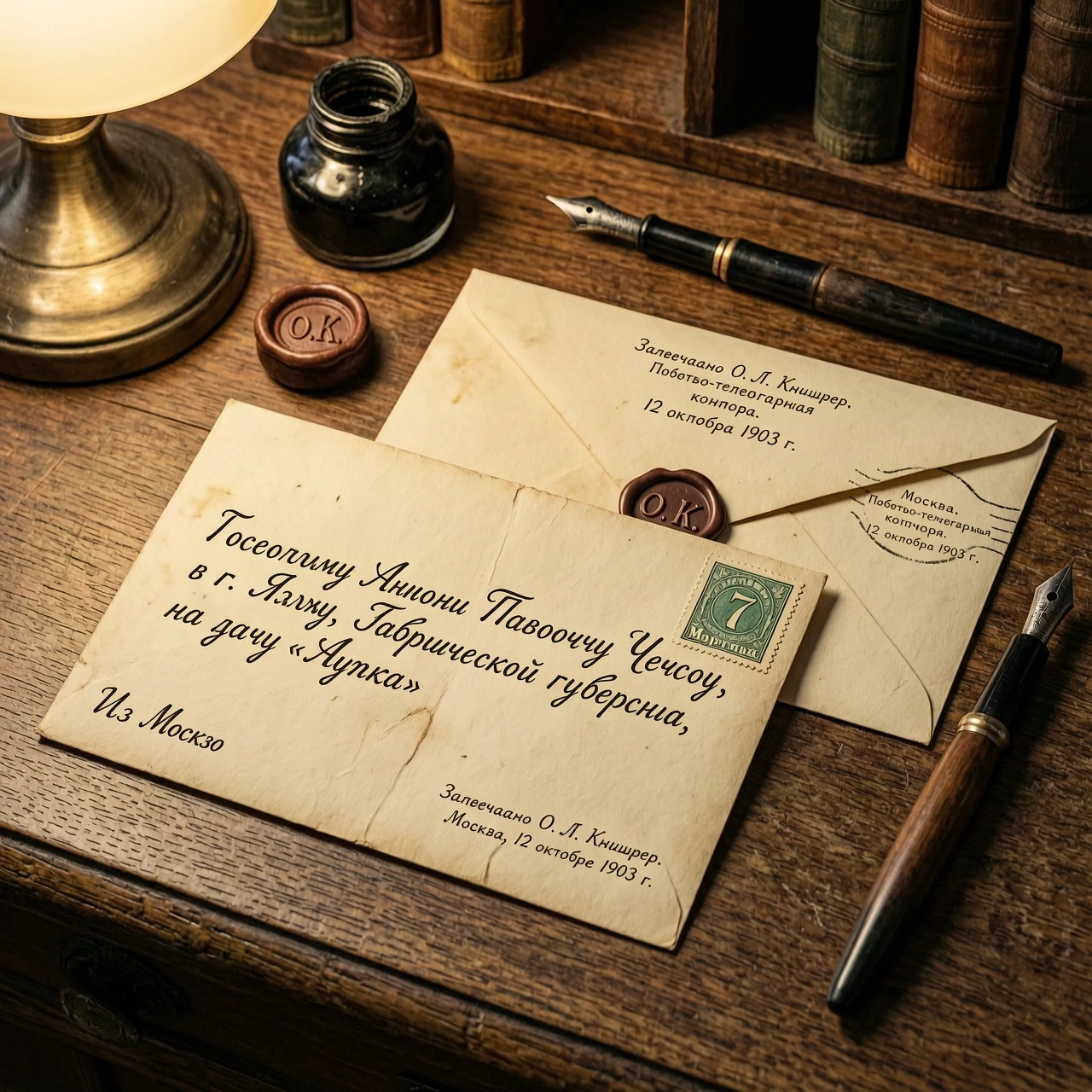 Vintage envelope, 1903 style, close-up, 3/4 angle. On a dark wooden desk with an antique fountain pen, inkwell, and a piece of sealing wax nearby. Warm lamp light, soft…