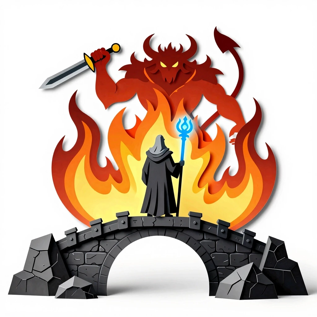 Lord of the Rings scene, Gandalf the Grey standing on Khazad-dum bridge with his back to the viewer, glowing blue staff, fiery Balrog with sword and whip in front, view from…