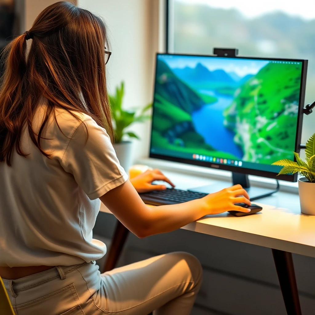Woman playing computer game. Dark long hair, white jeans, white t-shirt. Nature — работа пользователя Могущественный Танец