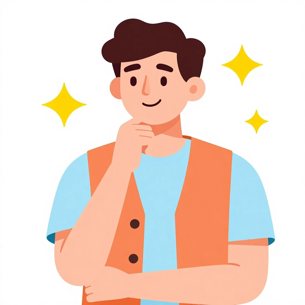 Modern flat vector illustration. A stylish man from the waist up with thick, wavy dark brown hair. Large nose, dot eyes, confident smile. Wearing a light blue t-shirt and a…