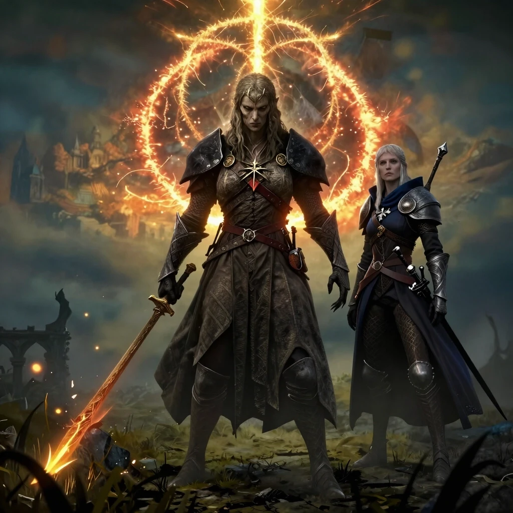 Изобрази Радана Бича звезд из игры Elden Ring и Отшельницу из игры Elden Ring Nightreign вместе — работа пользователя Живописная Трансмутация