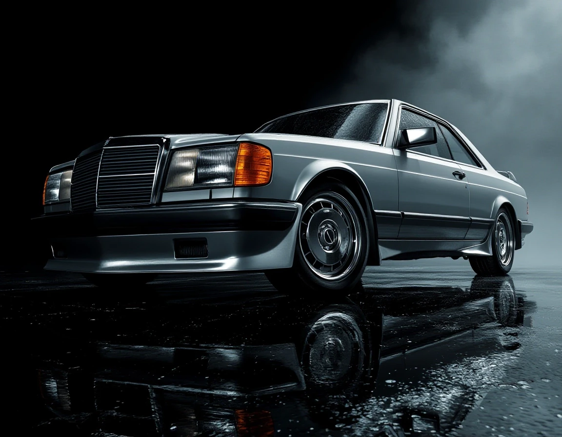 Subject: Mercedes-Benz 560 SEC W126 AMG widebody coupe, two-door Color: silver metallic body, polished, deep reflective paint finish Wheels: AMG Gullideckel monoblock wheels,…