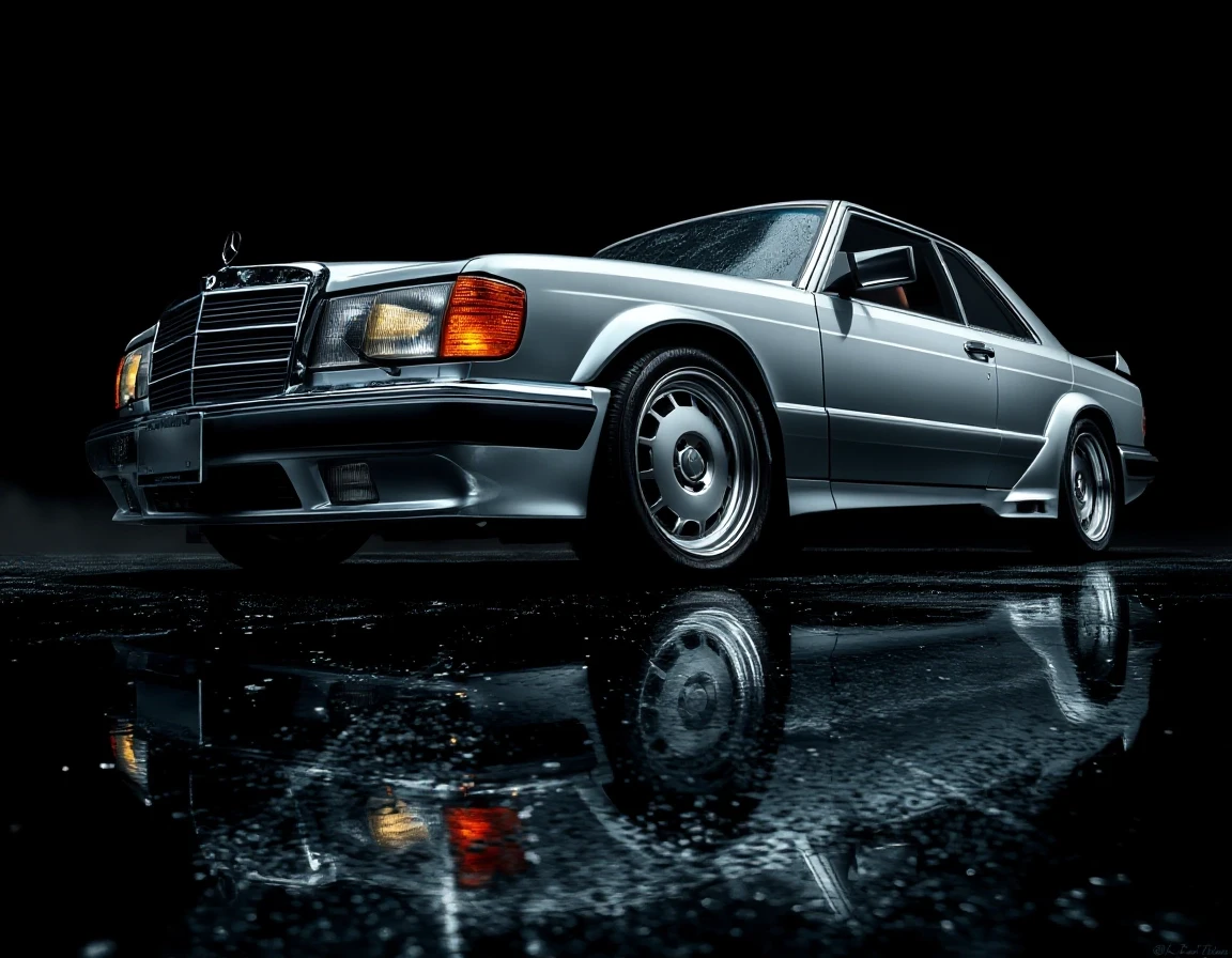 Subject: Mercedes-Benz 560 SEC W126 AMG widebody coupe, two-door Color: silver metallic body, polished, deep reflective paint finish Wheels: AMG Gullideckel monoblock wheels,…