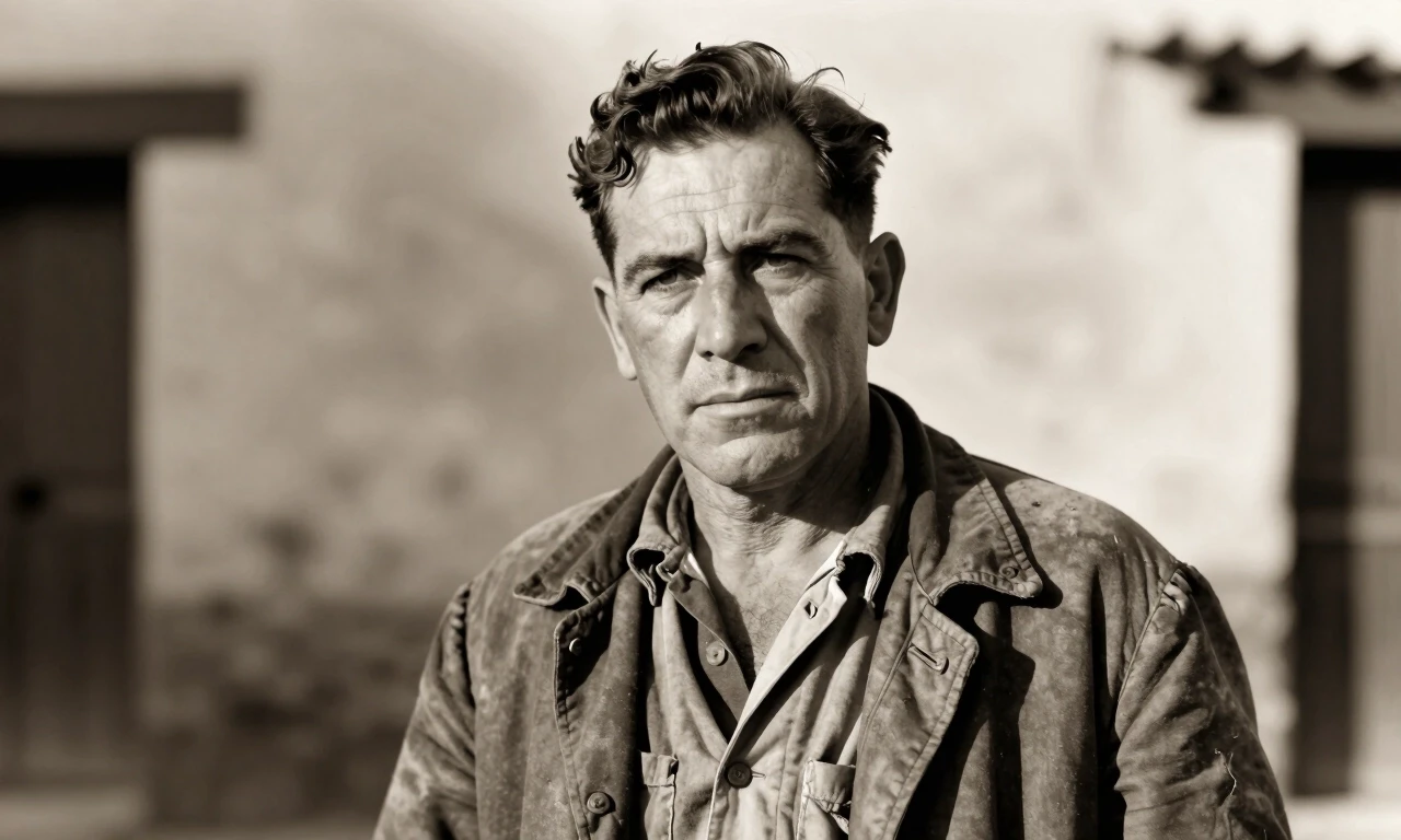 1940s black and white sepia toned portrait, determined Spanish farmer in worn jacket, cinematic lighting, film grain, historical documentary style — работа пользователя…