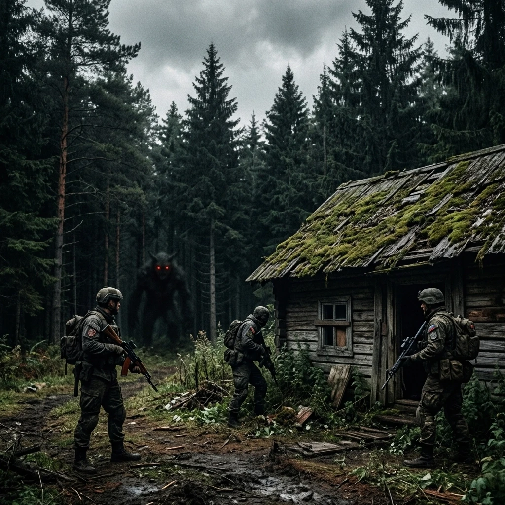Хвойный лес. На опушке старая избушка на крыше мох. Возле неё трое военных. Далеко в лесу за деревьями тёмная размытая фигура существа с красными глазами. Время года лето. —…