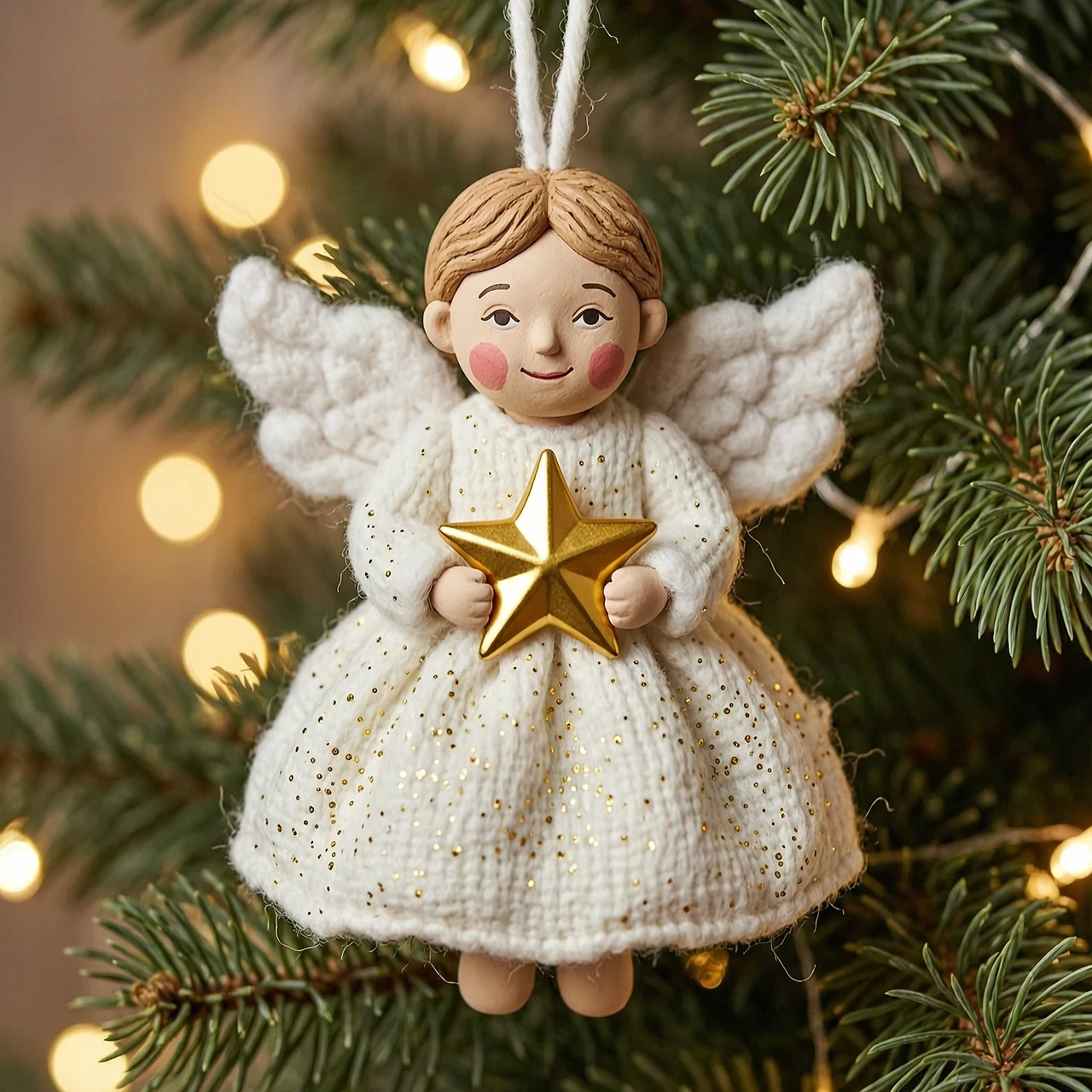 Vintage handmade cotton wool Christmas tree ornament, a cute little angel girl. She has a delicate hand-painted clay face with rosy cheeks and a sweet smile. She is wearing a…