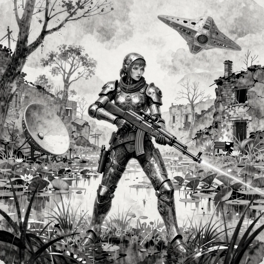 Black and white coloring. Female warrior. In armor, steampunk cybernetic armor. Weapon in hand: AK-47, with a sniper scope, long barrel, crooked magazine. Laser pointer. Dynamic…