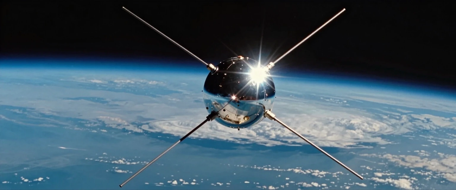 A classic science illustration of the Sputnik 1 satellite orbiting high above Earth. The satellite consists of a highly polished metallic sphere with four long, thin whip-like…