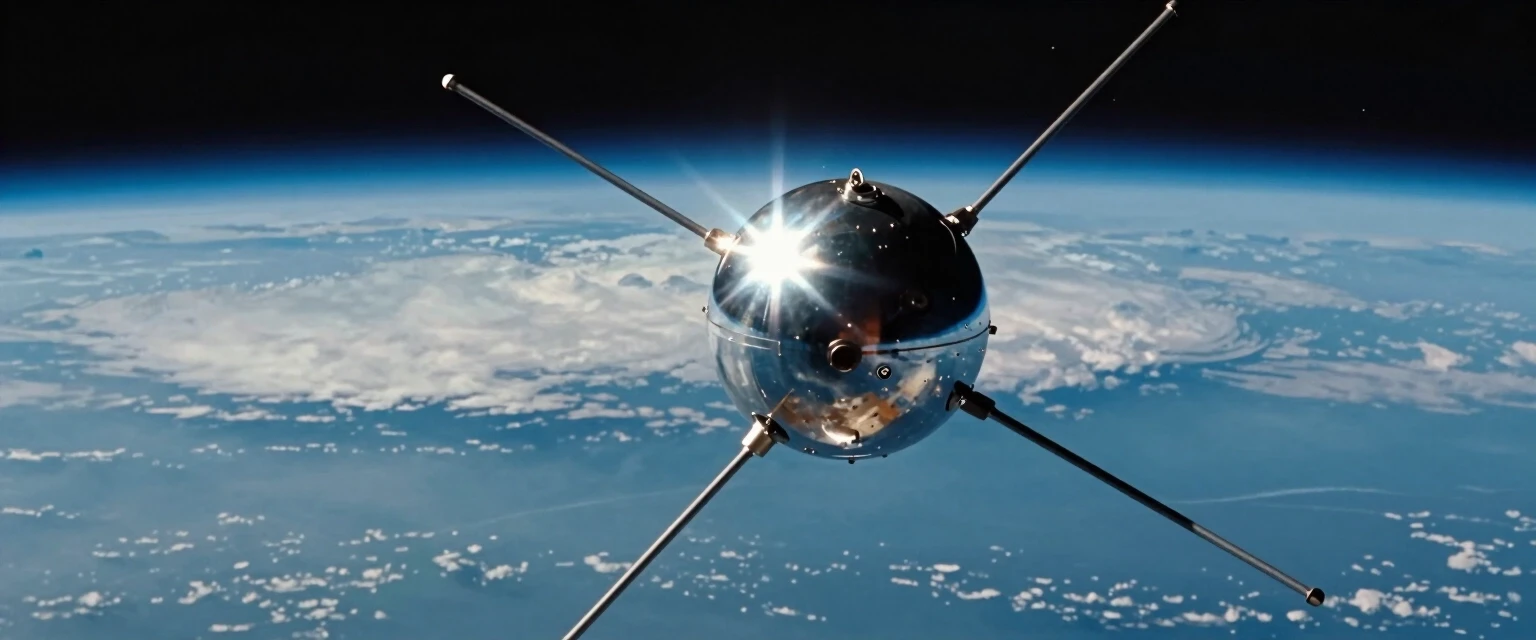 A classic science illustration of the Sputnik 1 satellite orbiting high above Earth. The satellite consists of a highly polished metallic sphere with four long, thin whip-like…
