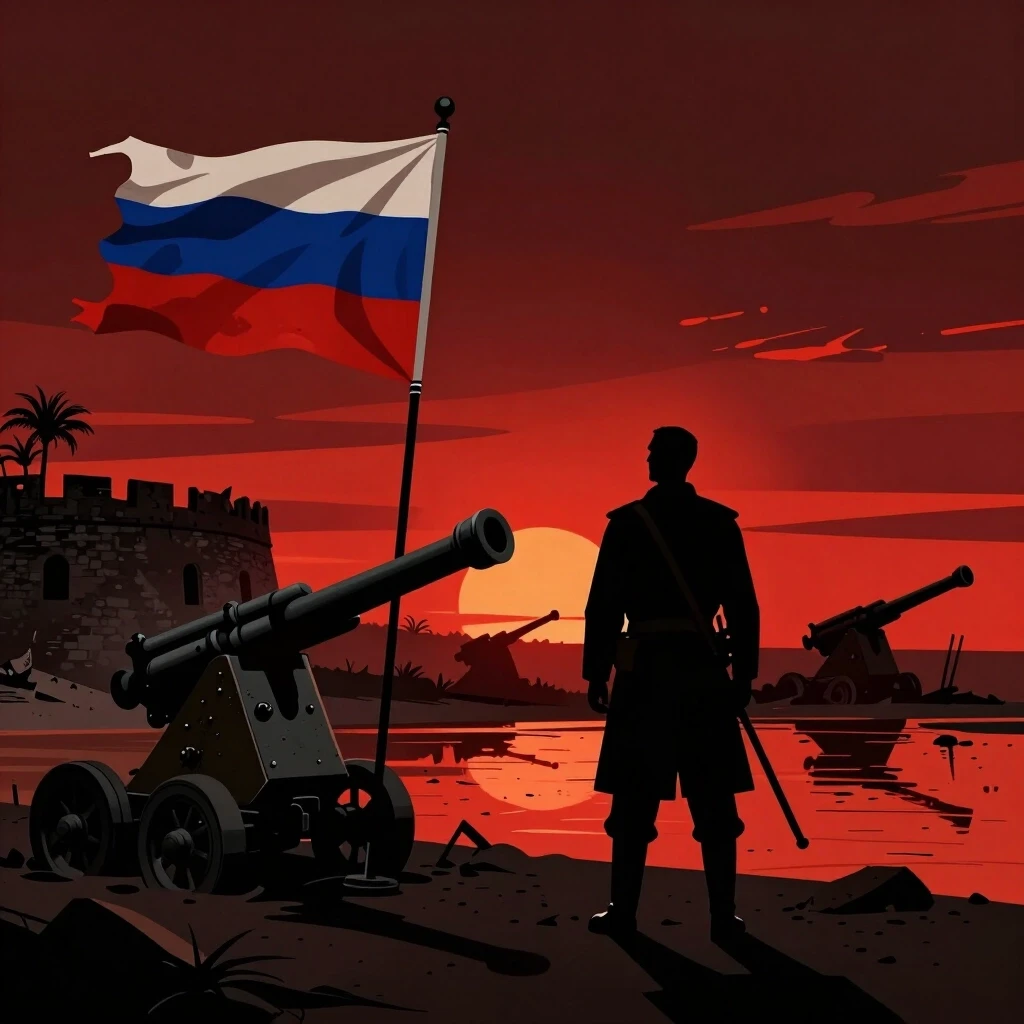 Dramatic noir illustration, graphic novel and documentary style. Silhouette of a Cossack against a blazing sunset, painted in dark crimson and black tones. He looks at a fort…