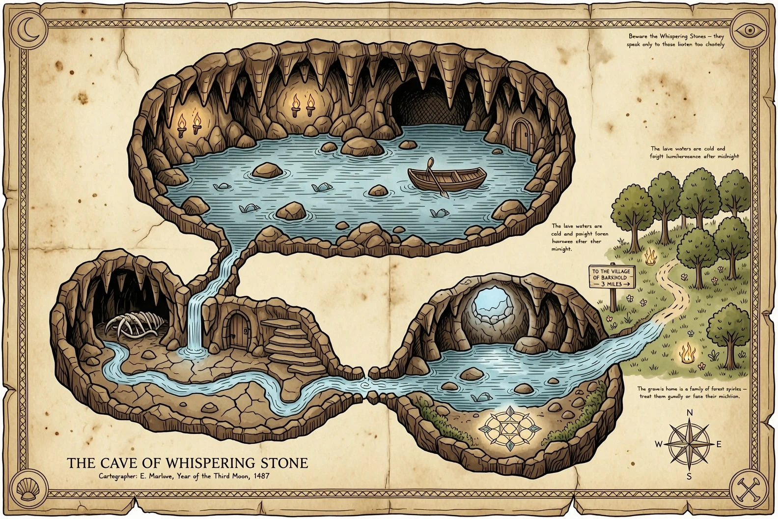 A DND-style cave map, viewed from above, depicts a cave with three interconnected spaces. A lake flows through the cave, through rooms, and out into a grove. Drawn in DND style.…