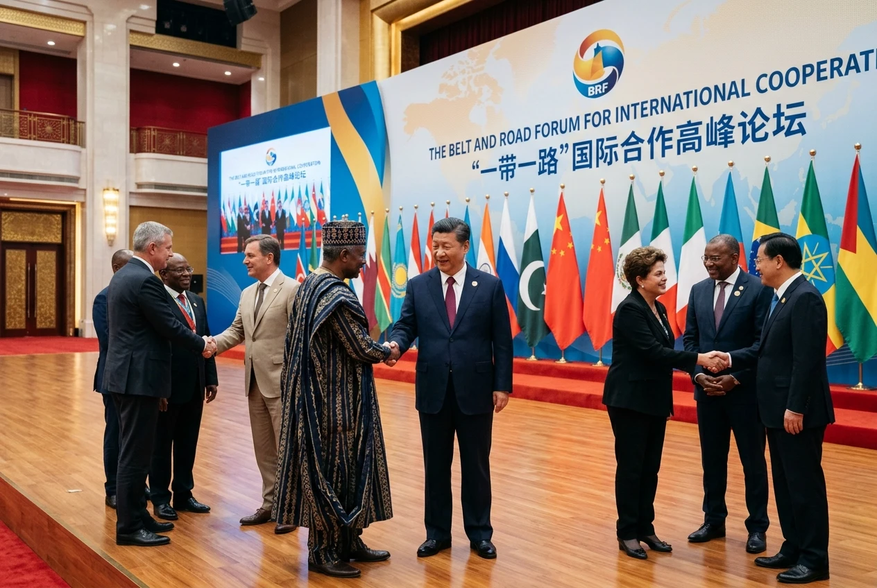 A grand international diplomatic event at the Belt and Road Forum in Beijing: Chinese President and foreign leaders from different countries standing together on a modern stage,…