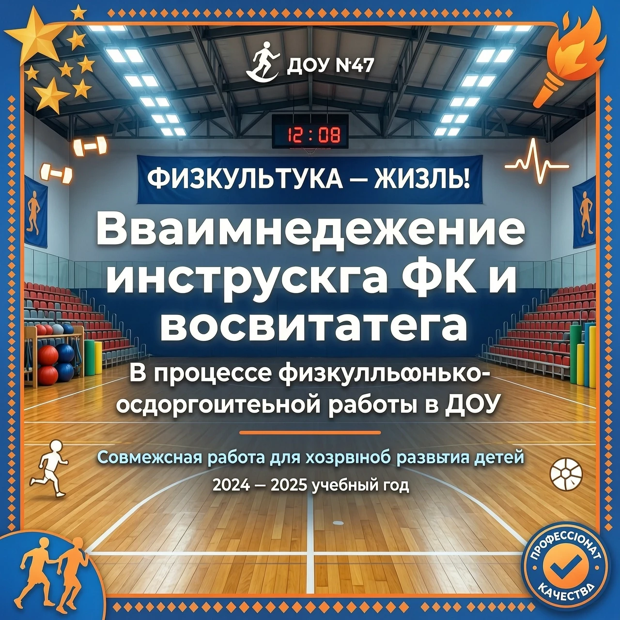 Добавить текст по середине Взаимодействие инструктора ФК и воспитателя В процессе физкультурно - оздоровительной работы в ДОУ Сделать задний фон в виде спорт зал — работа…
