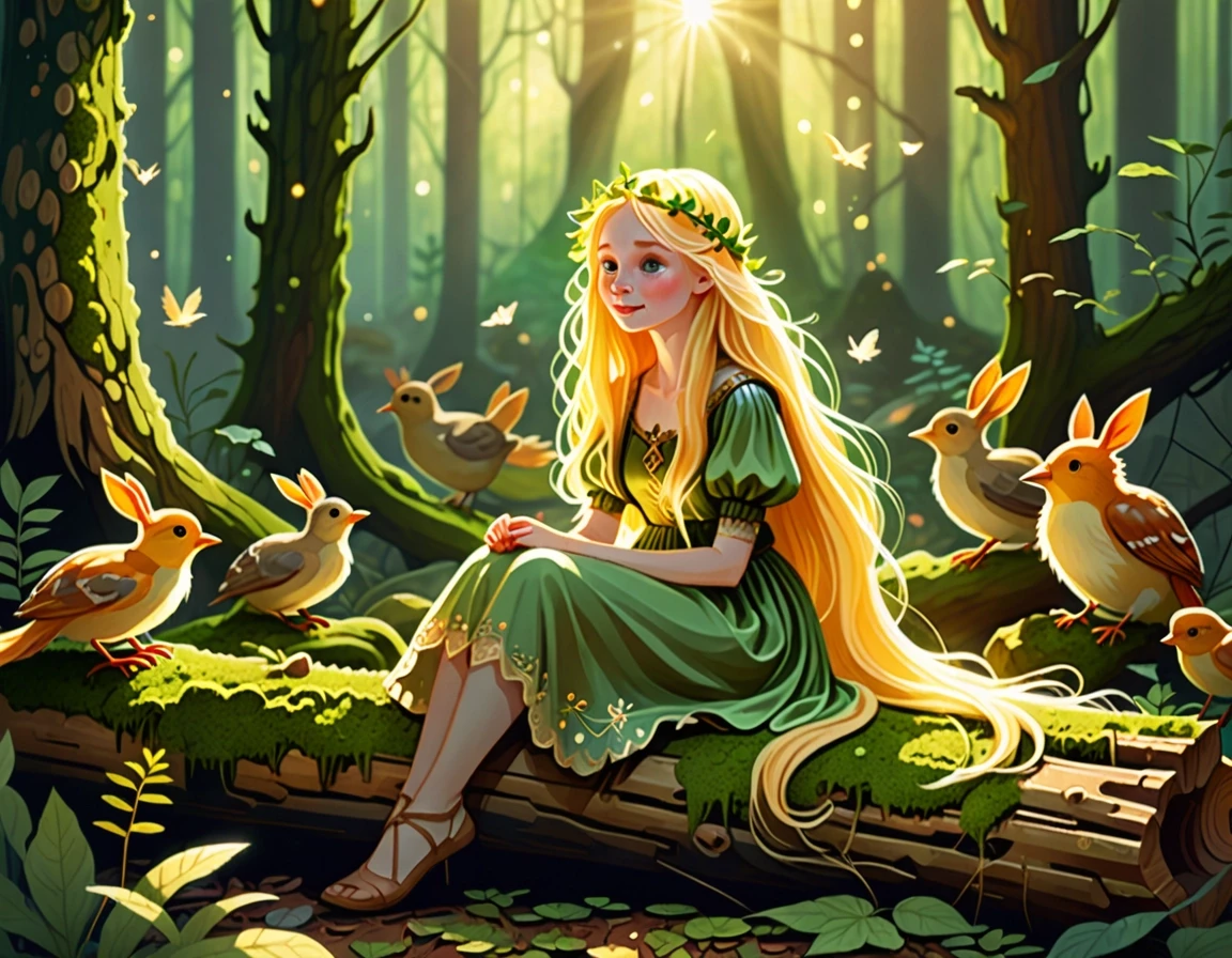 Illustration style. A young maiden with luminous golden hair sitting on a mossy log in an enchanted sunlit forest. Small forest animals and birds gather around her. Sunbeams…
