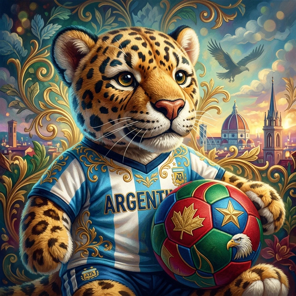 (The Mascot):plush jaguar stuffed toy, football, game, mascot. (Appearance):He is wearing a football uniform in the colors of the national flag of Argentina. He holds a tricolor…