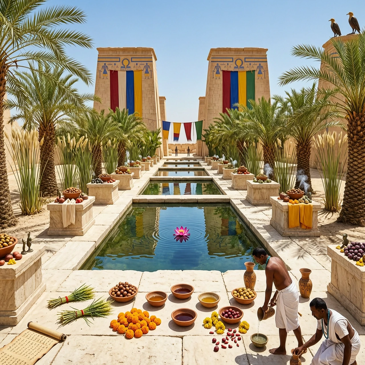 A vibrant, alive photo inside the Great Temple of Aten in Amarna. Lush green date palms, leafy trees, and papyrus plants growing in elegant gardens inside the vast open-air…