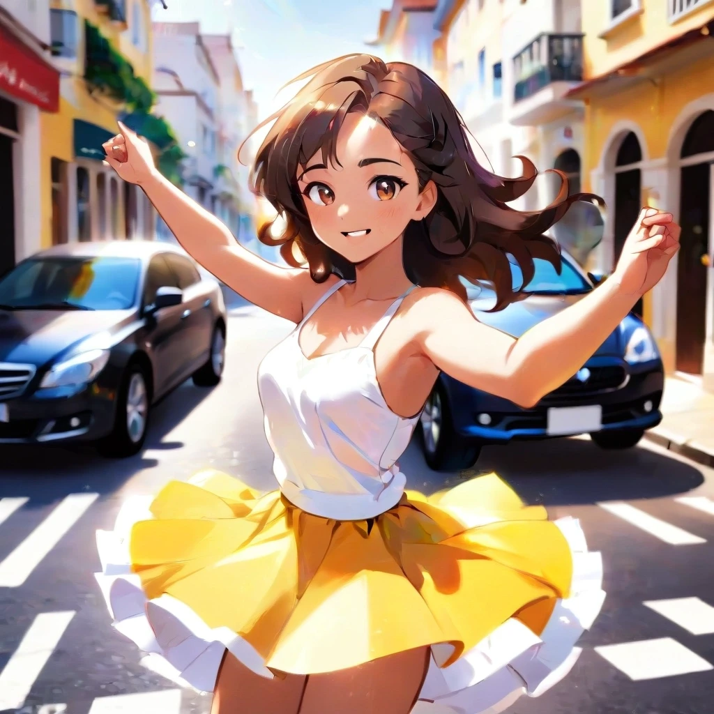 Pretty brazil girl is dancing at the street. Around she expensive car. Bright and sunny. Lots of pleasant light and warm tones. — работа пользователя Искрящаяся Лава