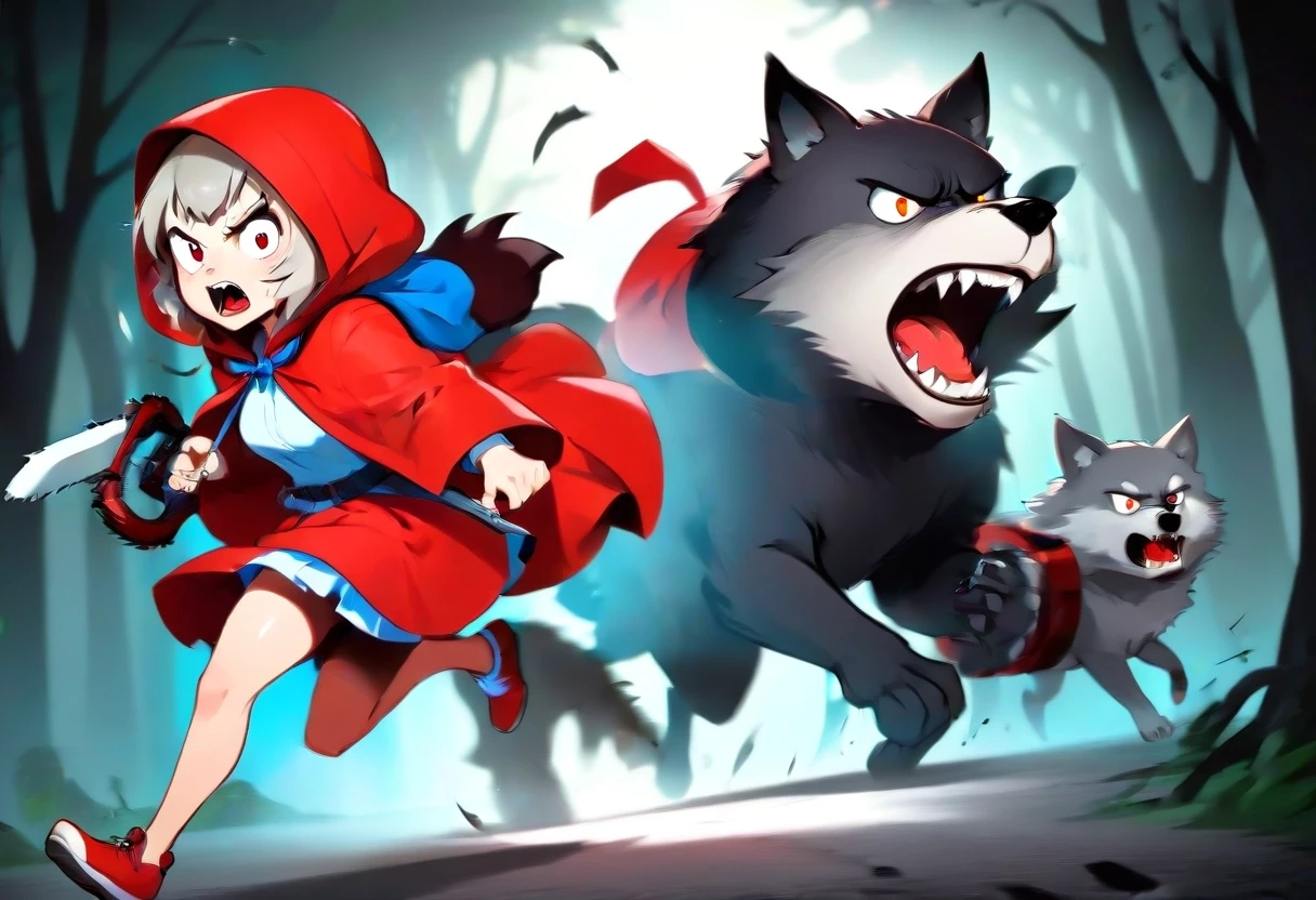 Humorous cartoon caricature style, Little Red Riding Hood with angry furious expression, wearing classic red hooded cloak, running aggressively and chasing the Big Bad Grey…