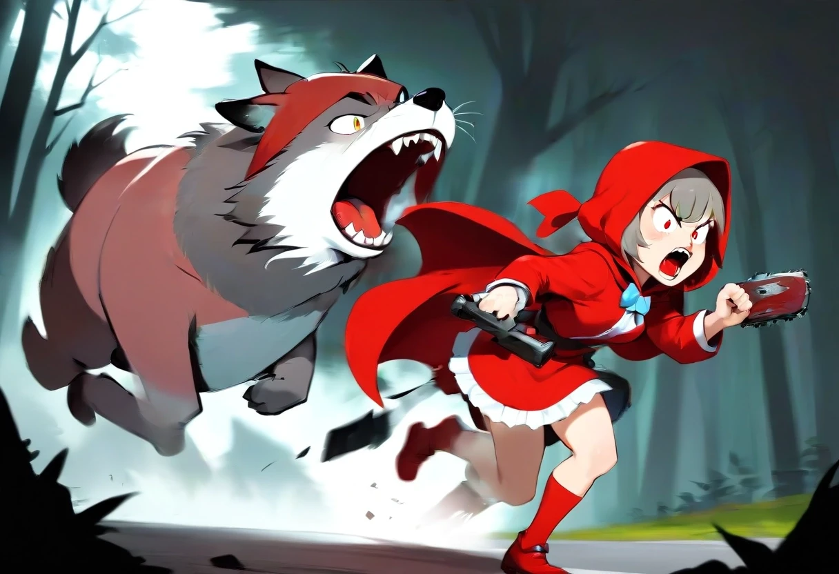 Humorous cartoon caricature style, Little Red Riding Hood with angry furious expression, wearing classic red hooded cloak, running aggressively and chasing the Big Bad Grey…