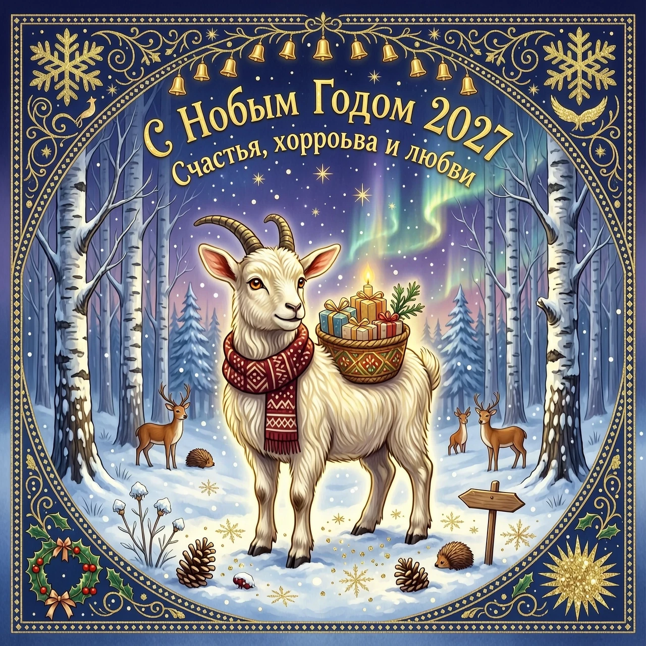 Сказочный козлёнок на фоне зимнего заснеженного леса. Зимняя новогодняя сказка. текст С Новым Годом 2027 Счастья, здоровья и любви. В стиле Глиттер: магический реализм,…