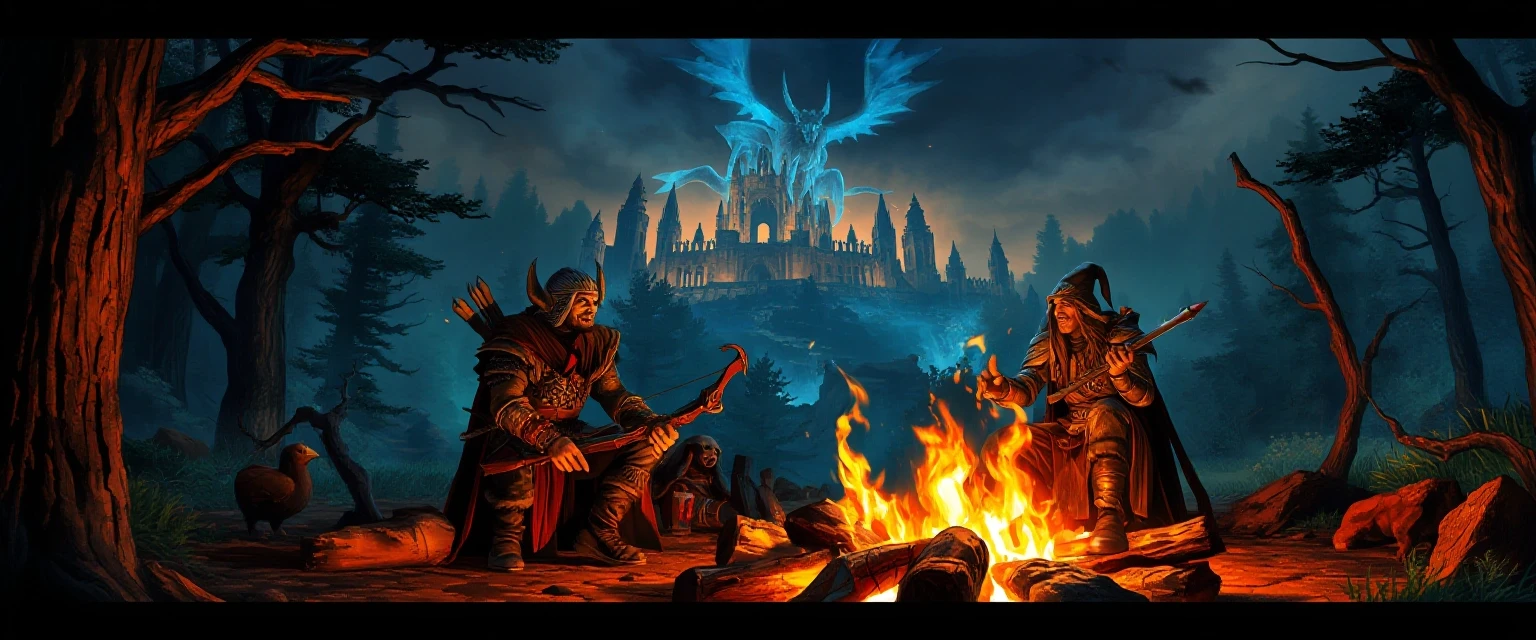 An epic wide channel header featuring a heroic fantasy RPG gaming party gathered around a campfire before a battle, a warrior, mage, and archer laughing together, mystical…
