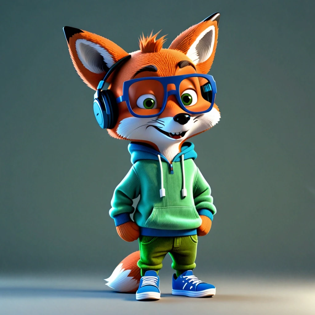 3D cartoon character funny fox in green corduroy pants, blue sweatshirt, sneakers on paws, headphones on head, glasses on muzzle. Background is gray with soft lighting creating…