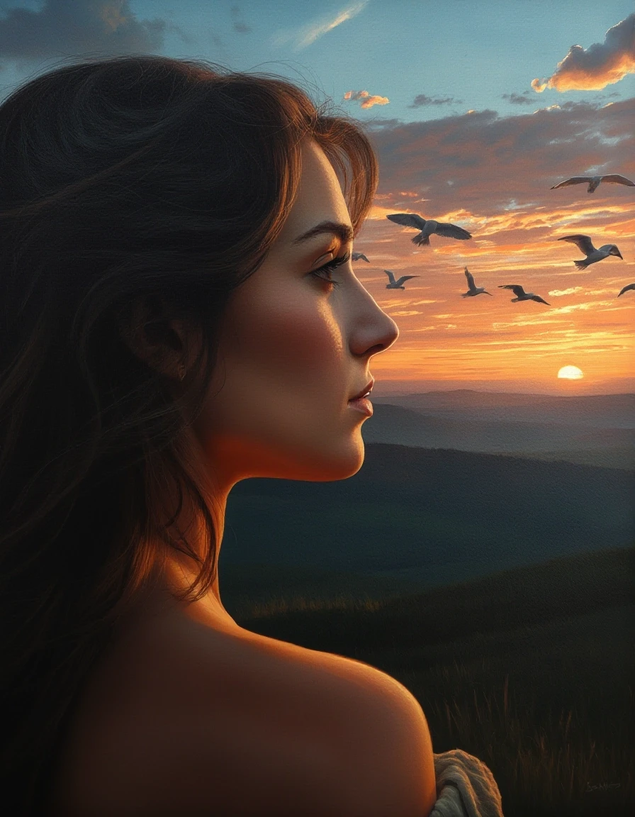 A masterpiece. Oil painting. A landscape at sunset. In the distance, you can see a line of birds flying away. A beautiful woman is shown in close‑up, looking at them in profile.…