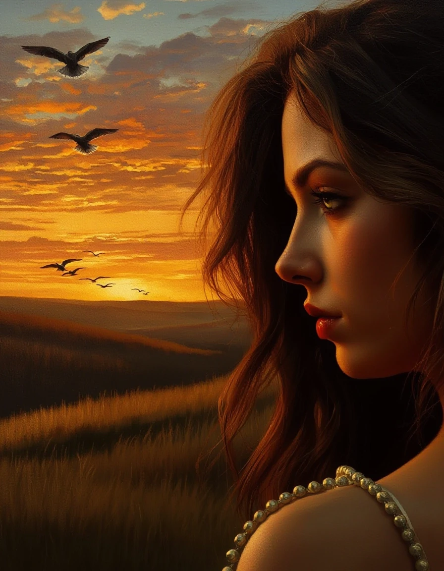 A masterpiece. Oil painting. A landscape at sunset. In the distance, you can see a line of birds flying away. A beautiful woman is shown in close‑up, looking at them in profile.…
