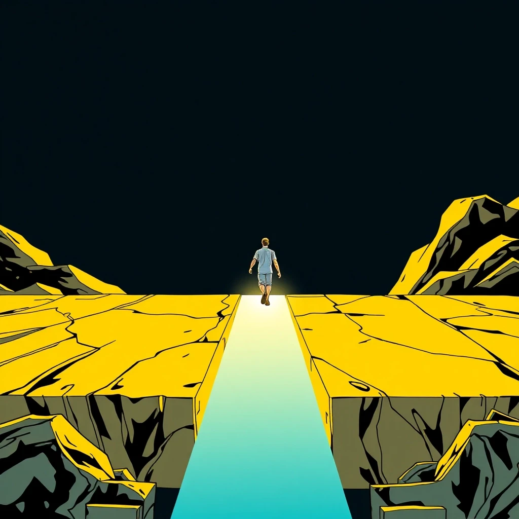 A person takes the first step off a solid golden platform into a dark unknown, but the step becomes a bright bridge of light under their foot. They are already moving forward.…