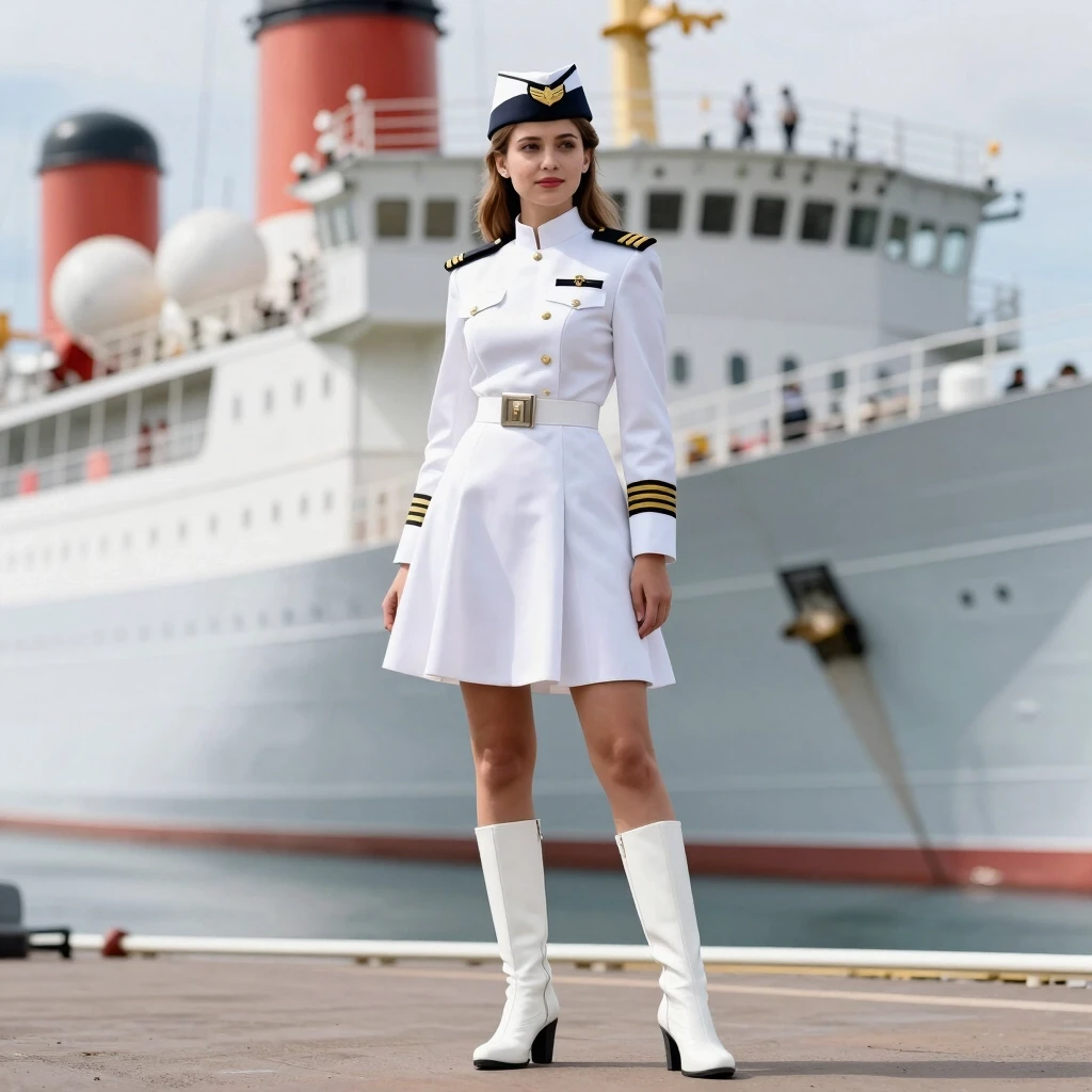 A girl resembling Anna Kovalchuk is wearing a beautiful, white, short dress that looks like a formal officer’s uniform. She has on white high‑heeled boots. She’s wearing a cap…