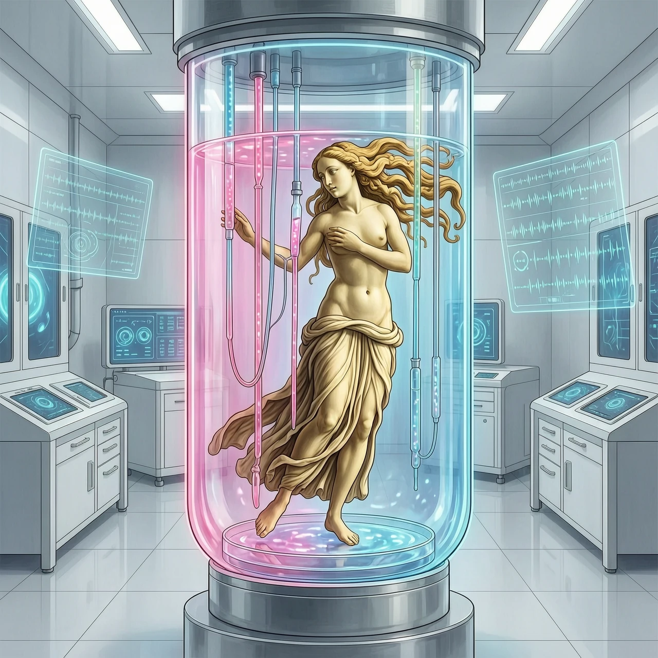 A stunning surreal collage: Sandro Botticelli's "Birth of Venus" reimagined in a futuristic biotechnology lab. Venus is not emerging from a shell, but being…