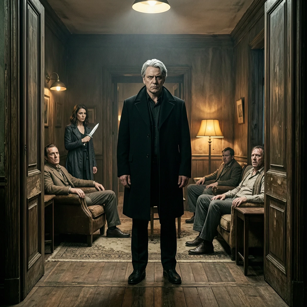 Wide-angle cinematic shot inside a dimly-lit bar room. In the doorway, a tall man with silver hair and a black coat fills the frame — his presence dominates the space, making…