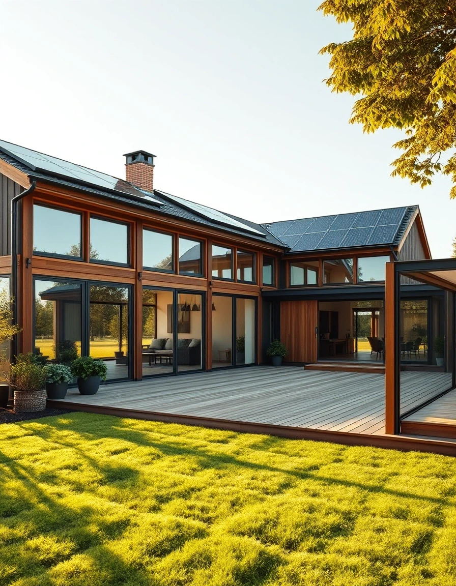 Vertical presentation of a luxury scandinavian frame house with panoramic windows. Large open timber terrace in front, premium eco-friendly architecture. Dark solar panel system…