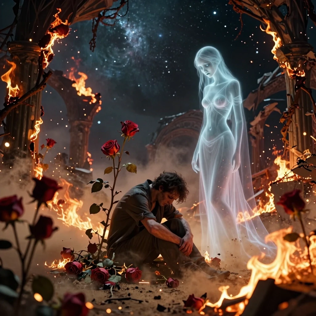 Dramatic fantasy digital art. Tragic destruction of paradise. A beautiful blooming Garden of Eden slowly burns, turning to dust, engulfed in smoldering embers and sparks. In the…