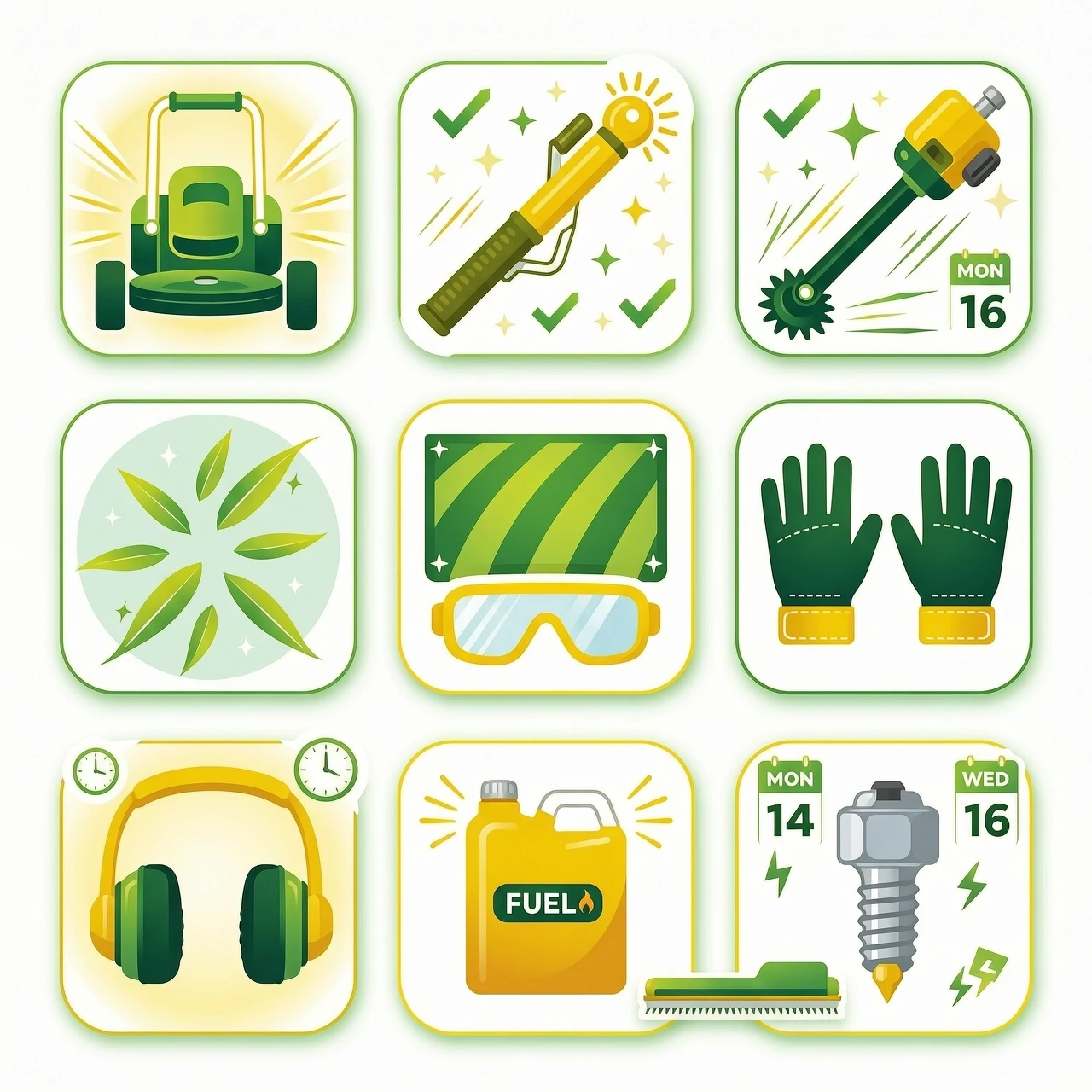 Set of 10 minimalist vector stickers with transparent background, featuring lawn mowing and landscaping themes: grass cutting equipment (lawnmowers, trimmers, brushcutters),…