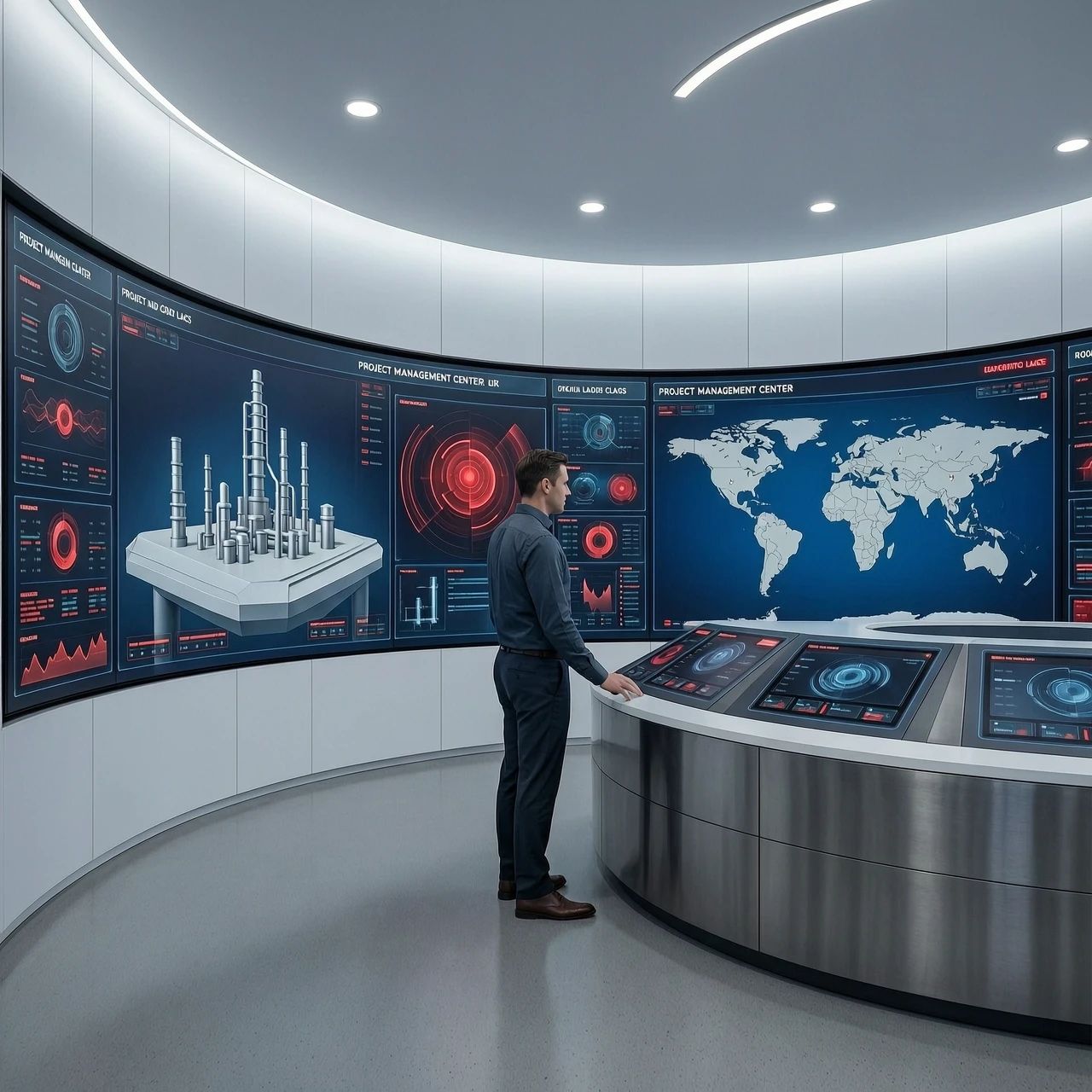 Photorealistic cinematic shot of a high-tech modern Project Management Center for the oil and gas industry. The scene features a sophisticated command center with a large,…