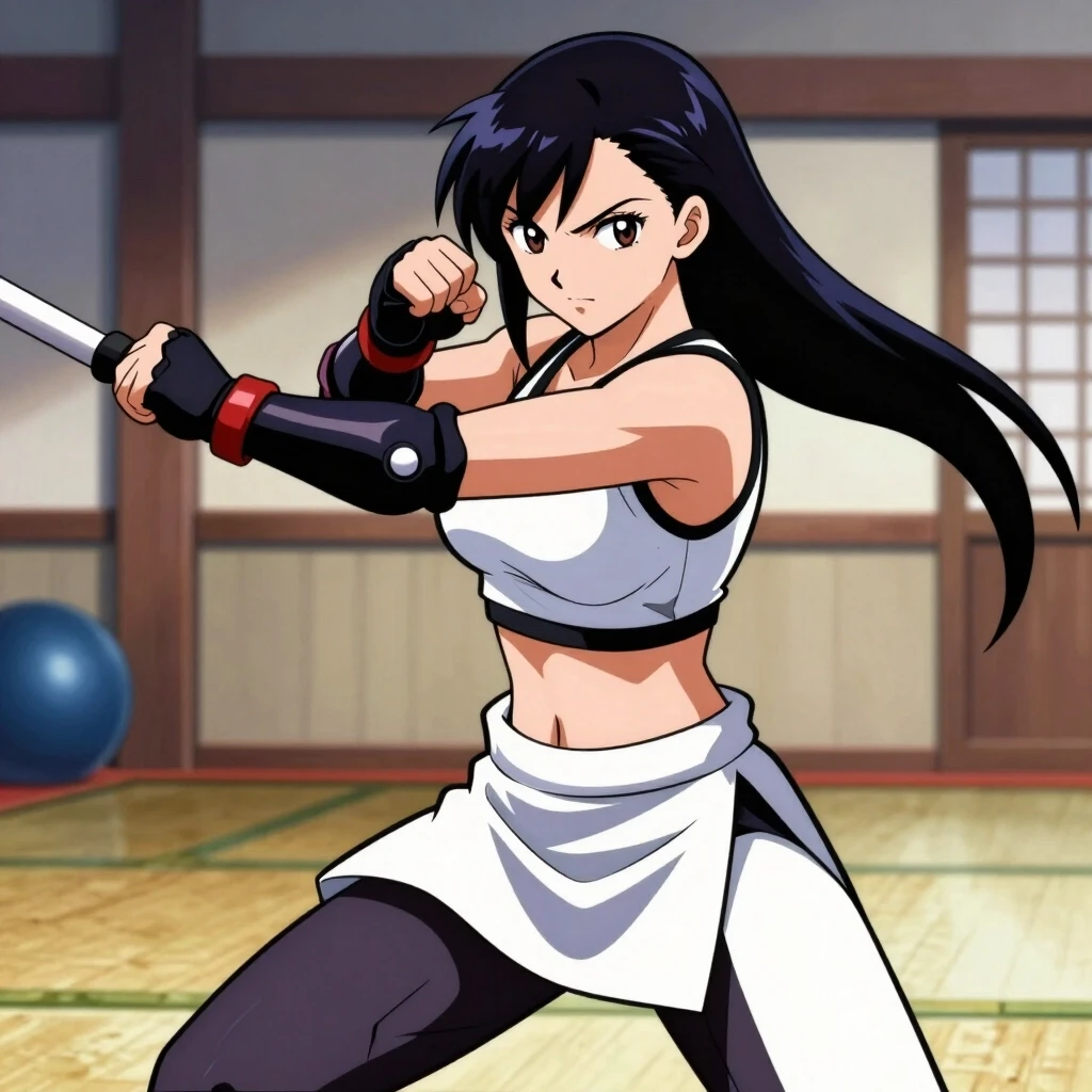 Tifa Lockhart, practicing with a combat staff in a dojo, anime art — работа пользователя Солнечный Лазурь